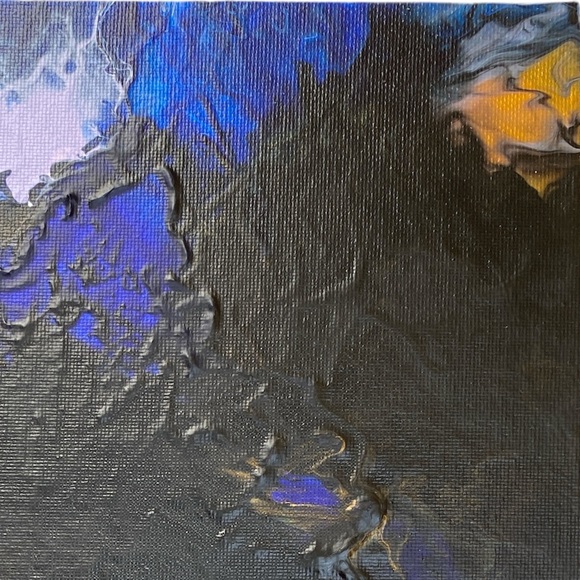 Handmade acrylic pour painting by Svetlana Yeung in blue black and gold 10”x10” - Picture 3 of 11
